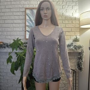 Lazy Girl Sweater Top Modal Blend Women's V-Neck Embellished Taupe Tan